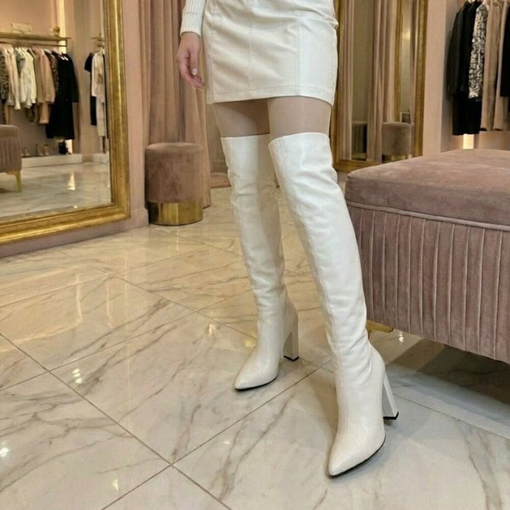 NWT Bamboo White Thigh High Boots 🤍 4.5” Block Heel Slouchy Over The Knee OTK - Picture 4 of 6